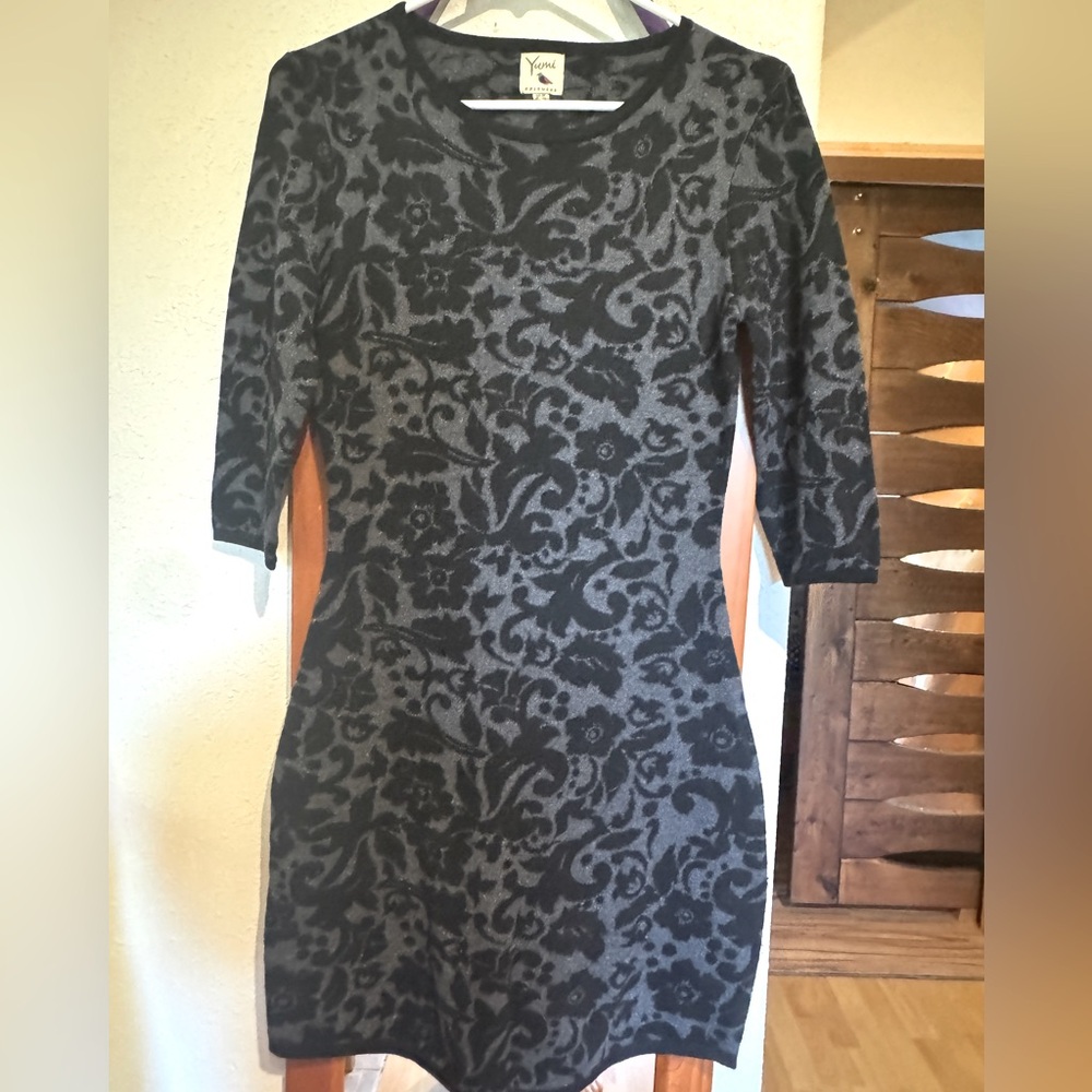 Elegant NWOT Black and Gray Shimmer Floral Sweater Dress